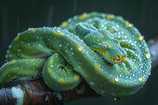 Green Tree Python: Wrapped around a branch with vibrant green scales, contrasting with the background 