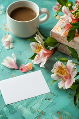 Stage a scene featuring a blank note with space for a personalized message or greeting, positioned next to a bouquet of flowers, a gift box, and a cup of coffee.