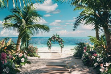 Fototapeta premium Wedding arch on tropical beach with palm trees and flowers.
