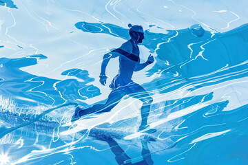 Silhouette of a runner integrated into the ripples of blue water texture
