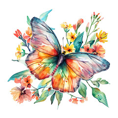 Watercolor Colorful Butterfly and Flowers Clipart isolated on White Background