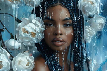 Stunning Portrait of a Black Woman Surrounded by White Flowers and Water Droplets