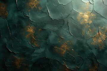 Abstract textured surface with deep green tones overlaid with golden highlights. 