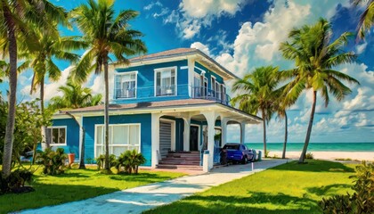 Coastal Paradise: Blue House with White Trim and Garage in Sunny Florida
