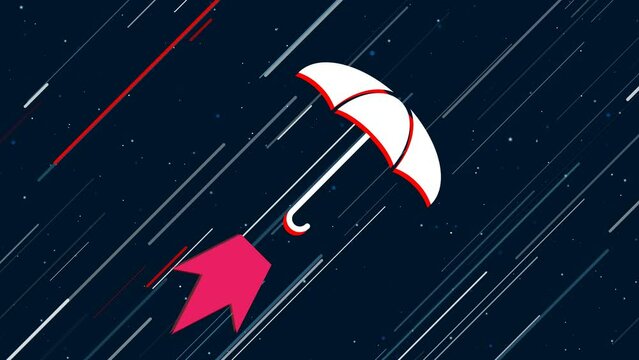 Umbrella symbol flies through the universe on a jet propulsion. The symbol in the center is shaking due to high speed. Seamless looped 4k animation on dark blue background with stars