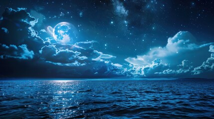 Blue sea and night sky Saw a big moon in the distance. beauty of nature