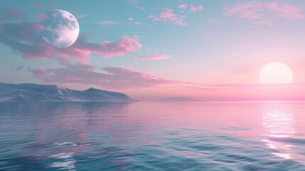 Blue sea and pink sky Saw a large moon in the distance. beauty of nature - Powered by Adobe