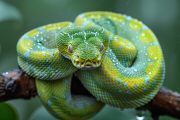 Fototapeta premium Green Tree Python: Wrapped around a branch with vibrant green scales, contrasting with the background 