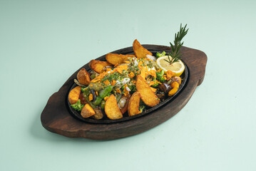 Vegetable sizzler with potato, cream cheese, parmesan cheese, basil, rosemary, sour cream and coriander