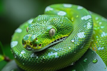 Fototapeta premium Green Tree Python: Wrapped around a branch with vibrant green scales, contrasting with the background 