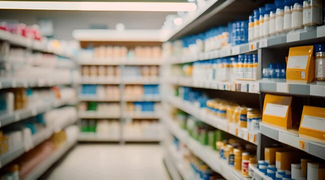 Pharmacy Shelves Stocked with a Range of Health Products