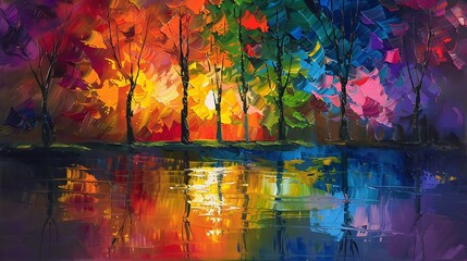 Abstract oil painting of colorful trees a lake