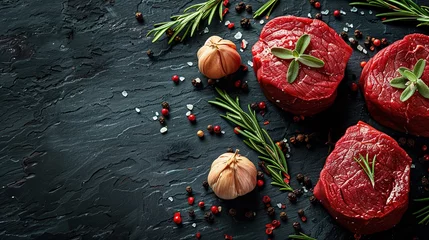 Fotobehang Raw beef filet Mignon steak on a wooden Board with pepper and salt, black Angus marbled meat © Vasiliy