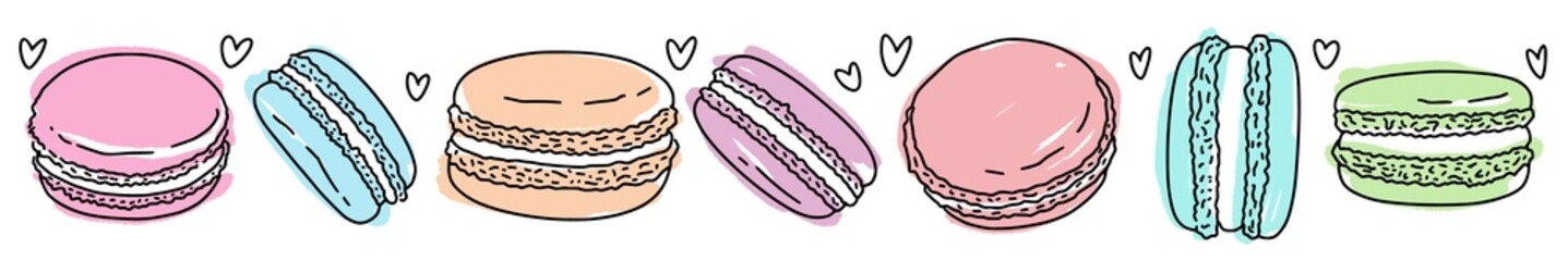 Vector horizontal pattern of macaroons, hand drawn in doodle style