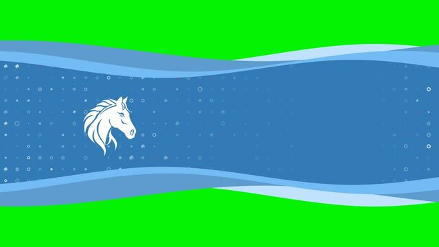 Animation of blue banner waves movement with white horse's head symbol on the left. On the background there are small white shapes. Seamless looped 4k animation on chroma key background