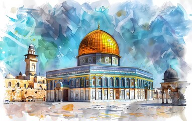 Naklejka premium Al-Aqsa Mosque and Dome of the Rock in Jerusalem, Israel. Watercolor sketch. 