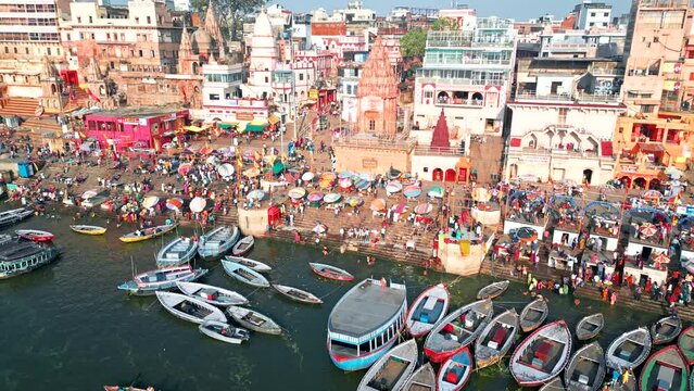 Varanasi from drone, Ganga, Benares, holy city of India