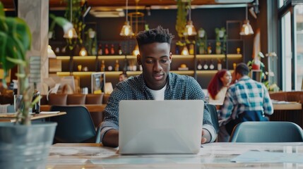 An energetic shot capturing a young programmer's passion for innovation, as they work enthusiastically on their laptop in a bustling, urban coworking space filled with like-minded professionals. 