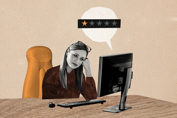 Composite photo collage of upset depressed blonde girl entrepreneur watch monitor screen rate star...