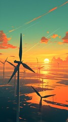 Vast Wind Farm Harnessing Renewable Energy at Dramatic Sunset