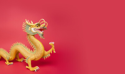 Dragón chino sobre fondo rojo suave. Ilustración IA generativa. Recurso gráfico con espacio negativo