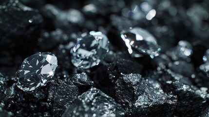 Macro photo. Diamonds on black coal background.