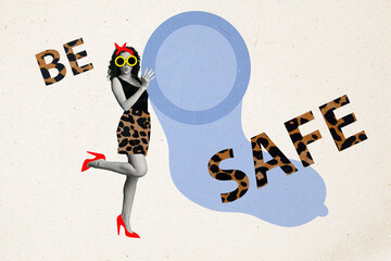 Composite photo collage of funny girl wear stylish clothes duck face stand huge condom be safe...