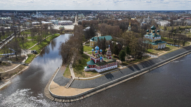 Orthodox church of prince Dmitriy on blood in town Uglich, Russia. Aerial view. High quality photo
