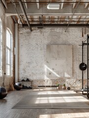 Clean and uncluttered gym setting with minimalistic decor and unbranded exercise gear for a sleek look. - obrazy, fototapety, plakaty