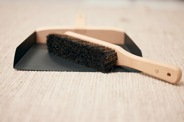 Scoop, brush and cleaning for home sweeping with healthy hygiene on carpet for chores, dirt or...