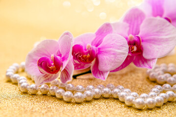 A branch of white orchids on a shiny gold background