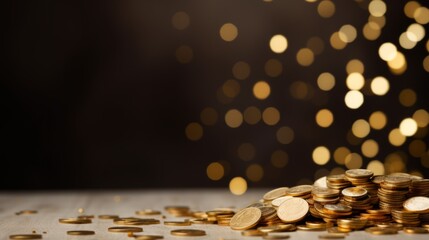 Gold coins. Much money Sparkling new golden coins stacks on bright light glowing bokeh background. Business finance wealth and success concept