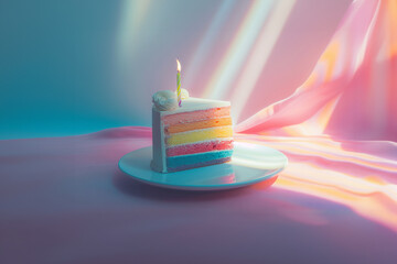 Rainbow cake mis en situation dans un fond bleu et rose avec une belle lumière, fête d'anniversaire