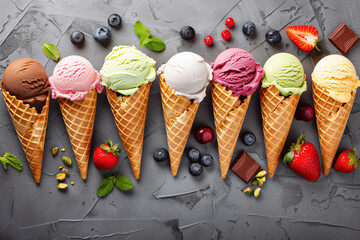 Various assortment of waffle cone ice cream flavor's setup on dark stone background . Summer and Sweet menu concept