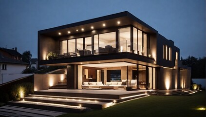 Fototapeta premium Photo of modern house with outdoor lighting, at night, external view 