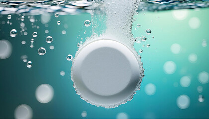 Comprimido efervescente, fervendo dentro da água, com muitas borbulhas subindo.