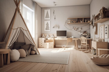 Cozy interior of children room in modern house in Scandi style.