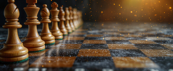 wide banner of chess pawns for concepts of challenge and critical decision and smart moves