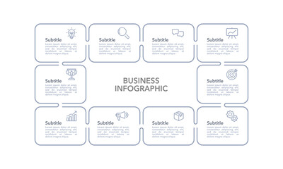 Workflow 10 process development infographic design template. Business presentation. Vector illustration.