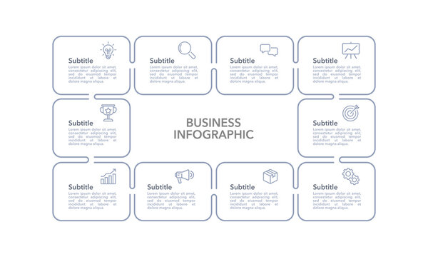 Workflow 10 process development infographic design template. Business presentation. Vector illustration.