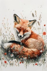 A watercolor red fox sleeping in a field of flowers set on white background.
