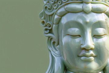 Jade Buddha statue profile against blurred green background