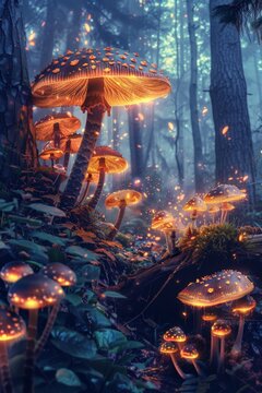 Glowing mushrooms in a dark forest at night