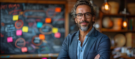 Fototapeta premium Experienced Business Speaker Presenting Brand Positioning Concept on Chalkboard