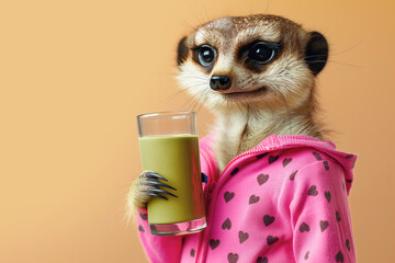 Meerkat in pajamas promoting healthy lifestyle holding a glass of green smoothie