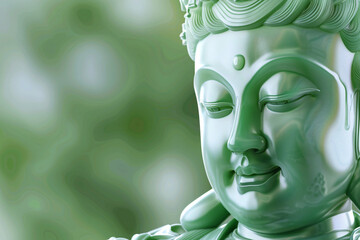 Close-up of a jade Buddha statue with intricate carving