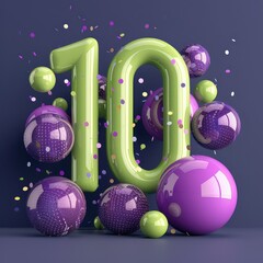 10 - Number Ten. neon yellow-green and lavender-violet, around balls, on a dark blue background.
