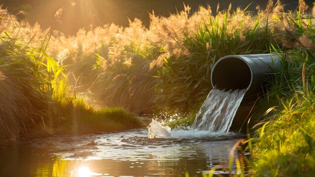 A large pipe or culvert gracefully releases water into a small stream, creating a gentle splash that ripples across the surface and produces a shimmering effect.