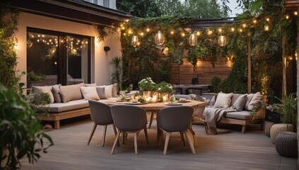 Lounge and Dining Area at Modern Residential Backyard Decorated with Outdoor Lights, Plants, Garden Table and Chairs. Cozy Summer Evening.
 - obrazy, fototapety, plakaty