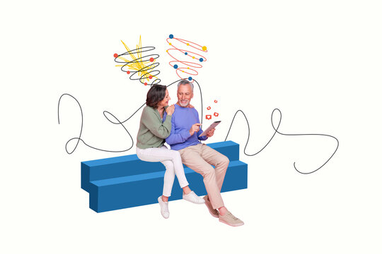 Composite photo collage artwork sketch image of two aged person man lady couple sit together look tablet epad like share repost like date